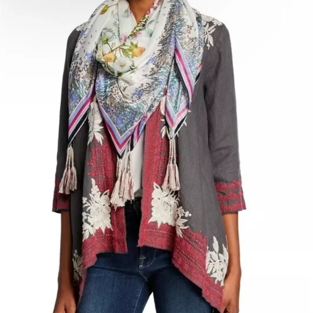 Johnny Was Camille Draped Cardigan Gray Embroidered Linen Sweater Boho Gypsy PM